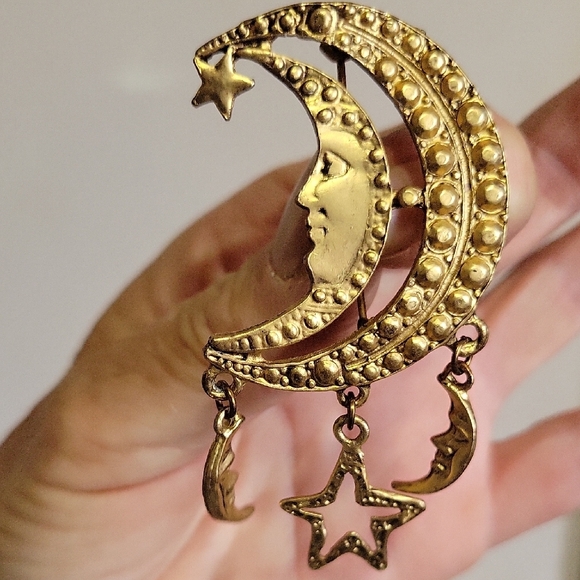 Gold Crescent Moon and Star Dangle Brooch - Picture 3 of 3